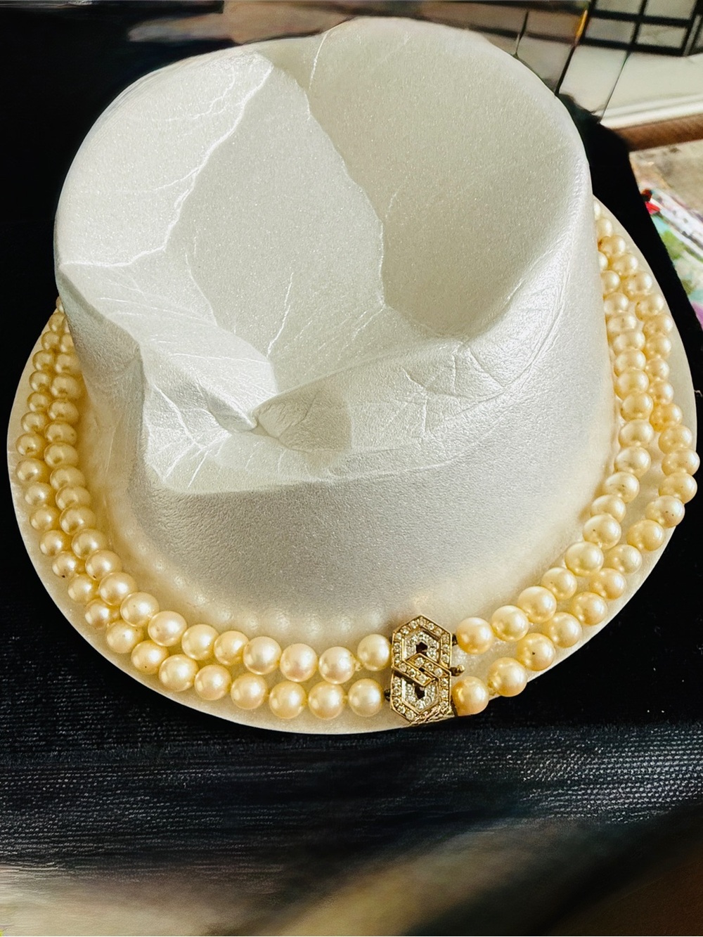 Classic Double Strand Cultured Pearl Necklace with Art Deco Diamond Clasp